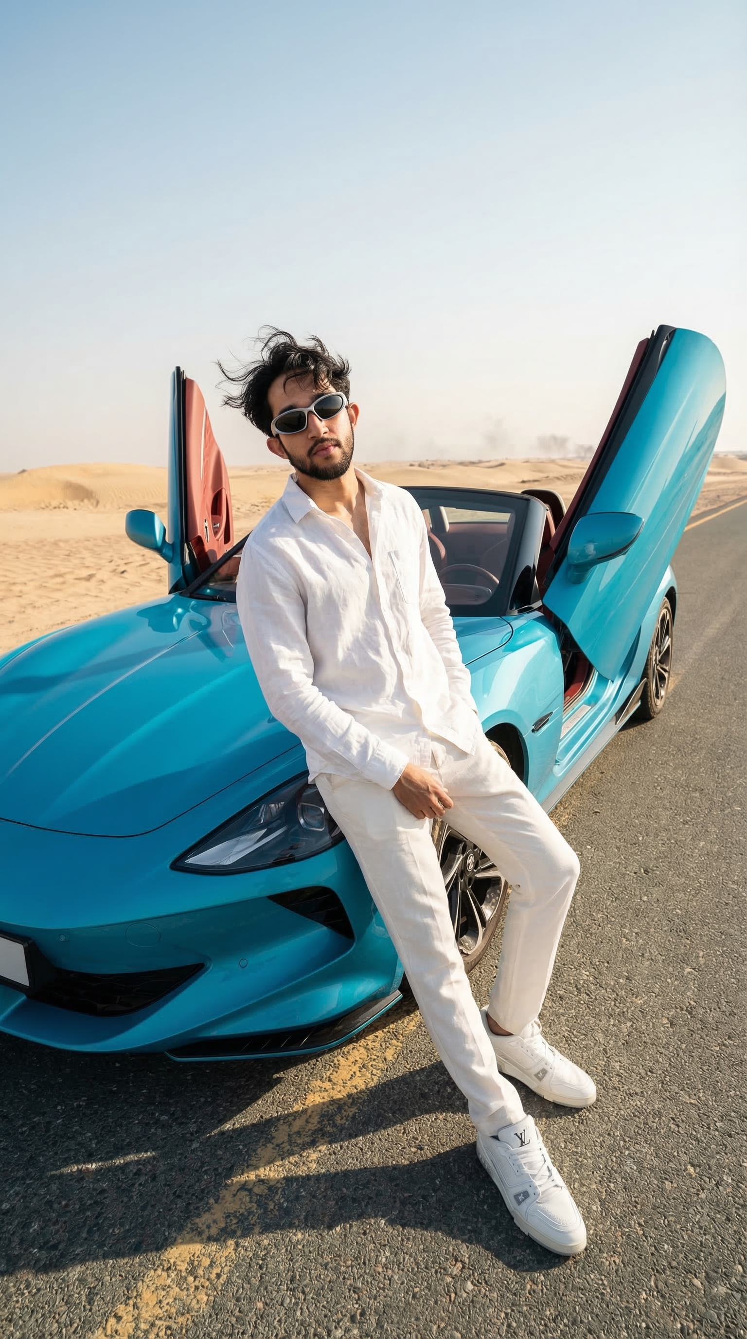 Make yourself lean on an MG Cyberster or other car in the desert!
