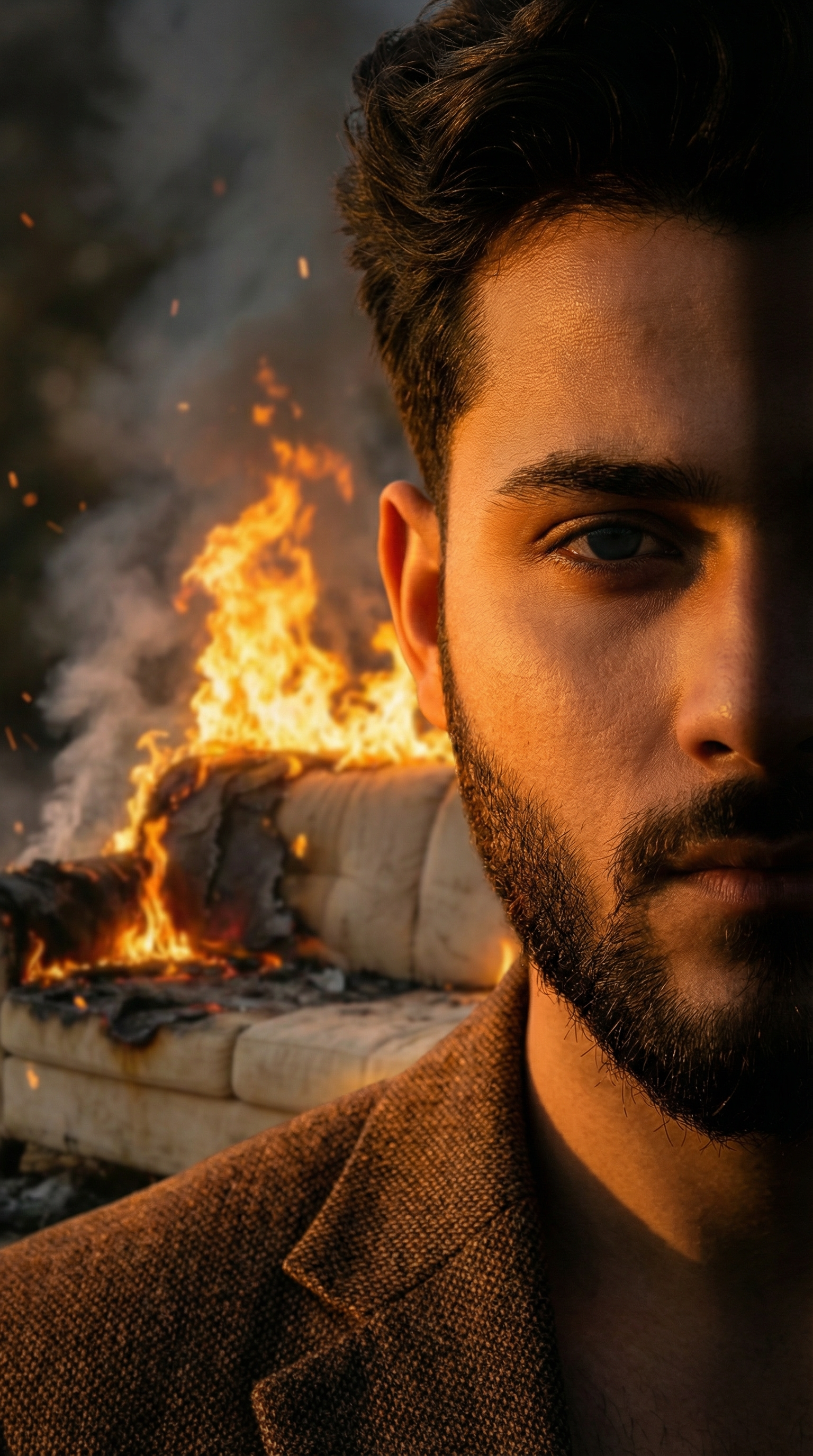 AI Cinematic Portrait — Calm Man in Front of a Burning Scene