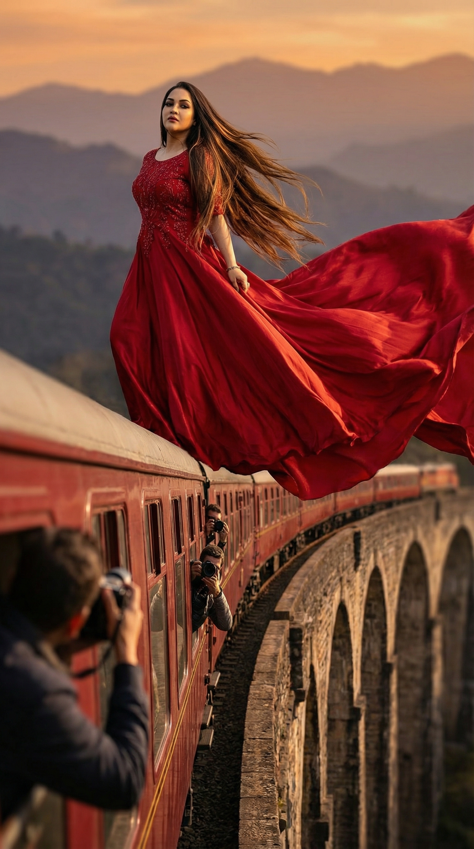 AI Cinematic Moment — Woman in a Flowing Red Dress Above a Moving Train