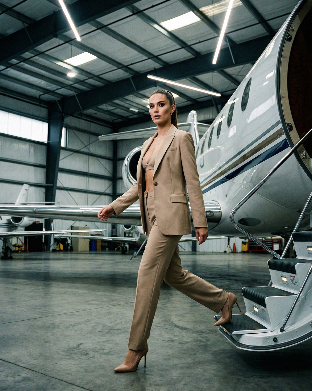 Realistic Model Shot Walking off Jet